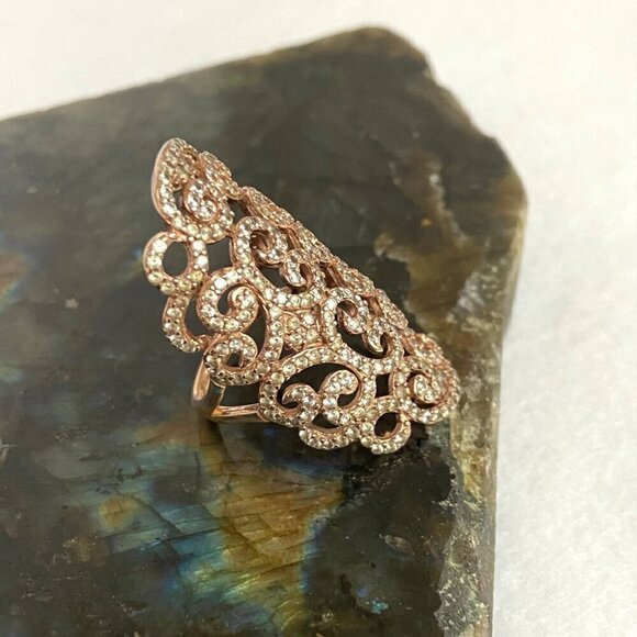 Rose Gold Plated Sterling Silver 925 Scrollwork White Sapphire Ring Sz 6.75 - Picture 4 of 16